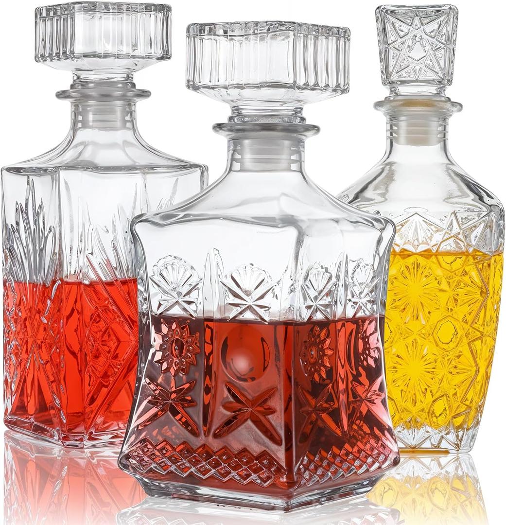 Set of 3 Glass Alcohol Bottle Liquor Decanters Whiskey Decanter for Tequila, Brandy and Vodka Unique Liquor Bar and Party Decorations (28oz*2, 31oz*1)