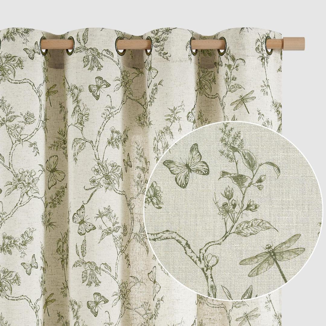 Lazzzy Green Floral Linen Farmhouse Curtains 84 Inch Length Drapes for Living Room Bedroom Pattern Light Filtering Country Vintage Curtain Grommet Top, 2 Panels, Green on Beige (50"W x 84"L (Pack of 2)
