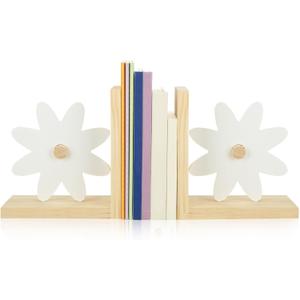 Harloon 2 Pcs Daisy Wooden Bookends Pink Rainbow Moon and Cloud Nursery Bedroom Decor for Home (Daisy)