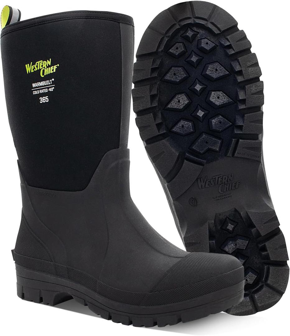 Western Chief Men's 365 Neoprene Rain Boots for Men - 100% Waterproof Rubber Boots for Men with Anti-Slip Outsole - Cold-Rated Muck Boots for Women for All-Weather Protection, Mid, Black, 11