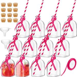 Baderke 12 Pcs Glass Patron Bottles with Cork and Straw 4 oz Mini Empty Glass Bottle for Drinks Reusable Liquor Bottles with Silk Ribbon and Funnels for Cocktail, Wedding Party (Rose Red)