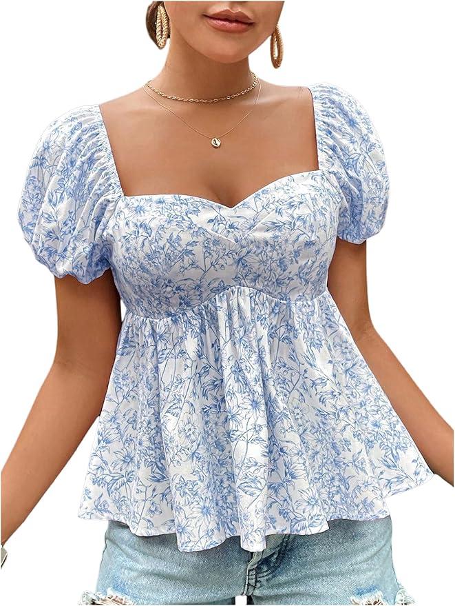 WDIRARA Women's Floral Print Sweetheart Neck Puff Short Sleeve Blouse Smocked Ruffle Hem Peplum Top XL