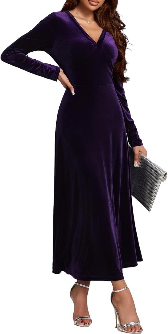 UUXQOYGR Women Velvet Maxi Dress Long Sleeve XL (Purple)
