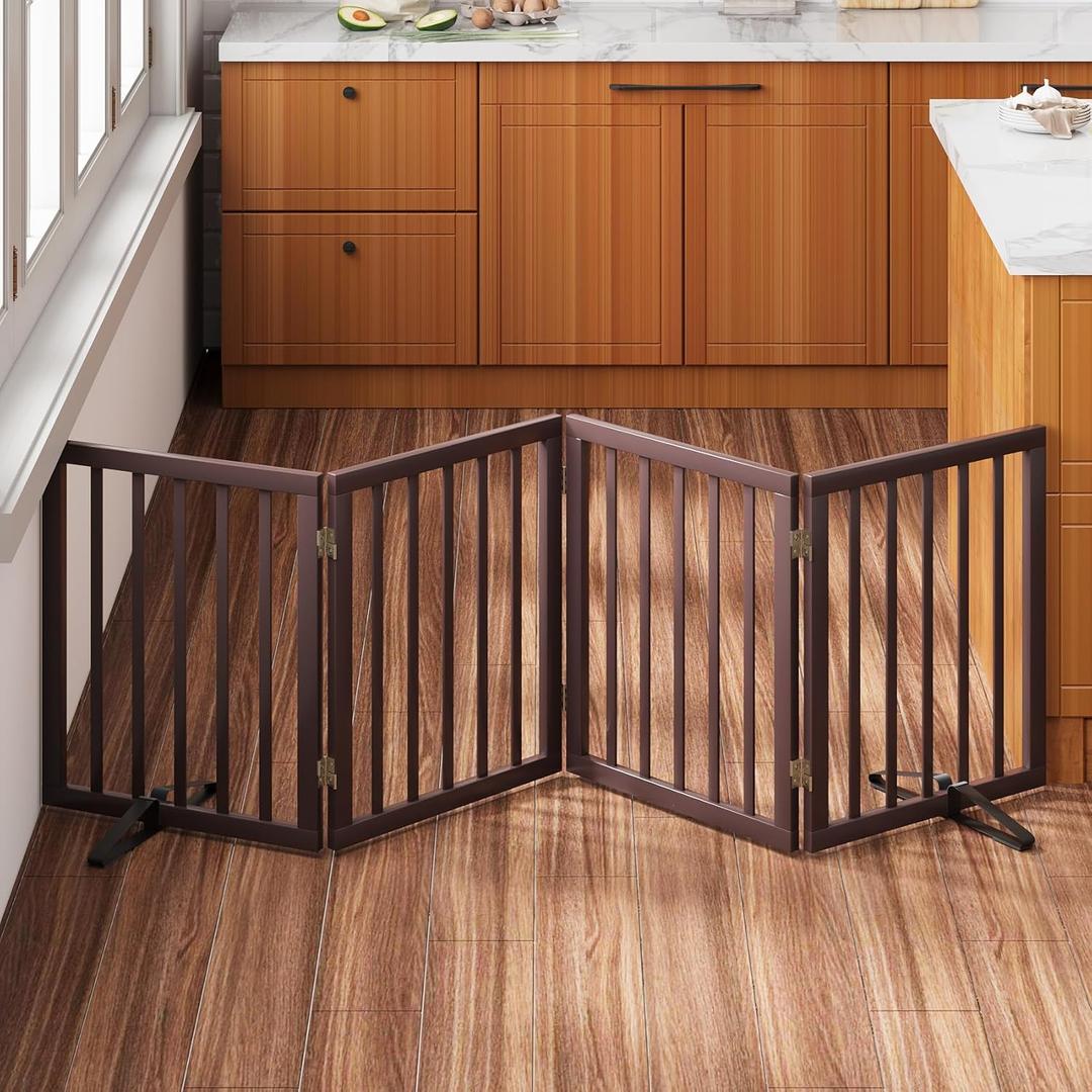 Freestanding Dog Gate Folding Brown Dog Gates for The House Doorways Stairs Pet Gates for Dogs, Doogie Puppy Fence Gate (4 Panel - 74 inches Wide) Freestanding Dog Gate Folding Brown Dog Gates for The House Doorways Stairs Pet Gates for Dogs, Doogie Puppy Fence Gate (4 Panel - 74 inches Wide)