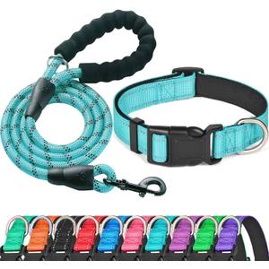 Reflective Dog Collar Padded with Soft Neoprene Breathable Adjustable Nylon Dog Collars for Small Medium Large Dogs (Collar+Leash L Neck 19"-23.5", Blue)