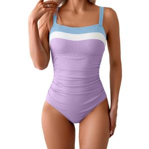 Aidonger Women's Ribbed One Piece Swimsuits Color Block Tummy Control Bathing Suit Slimming 1 Piece Swimwear (XX-Large, Blue-white-purple)