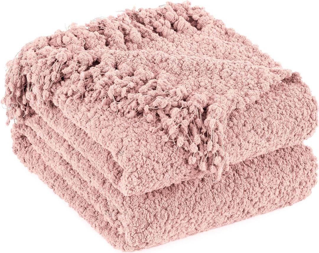 Throw Blanket for Couch, Dusty Pink Luxury Knitted Throws 50"x60", Textured Blankets with Handmade Fringe Tassels for Bed Sofa Decorative, Chunky Soft Farmhouse Boho Home Decor