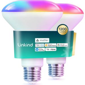 Linkind Matter Smart Light Bulb,1200LM 85W BR30 Smart Flood Light Bulbs Work with Alexa, Apple Home, Google Home, RGBTW Recessed Color Changing Bulbs E26, 2.4GHz Only WiFi Light Bulbs LED, 2Pack
