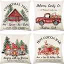 Christmas Throw Pillow Covers 18x18 Set of 4, Merry Christmas Tree Gnome Red Truck Candy Cane Xmas Farmhouse Decorations Rustic Winter Holiday Couch Cover for Sofa Bedroom Home Outdoor