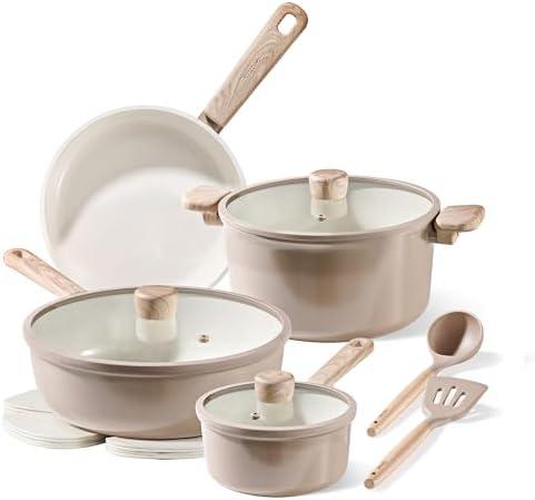 CAROTE 12Pcs Ceramic Pots and Pans Set Non Stick, Healthy Cookware Set, PFAS/PFOA Free, Kitchen Cooking Set with Frying Pans, Taupe CAROTE 12Pcs Ceramic Pots and Pans Set Non Stick, Healthy Cookware Set, PFAS/PFOA Free, Kitchen Cooking Set with Frying Pans, Taupe