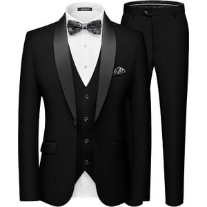 MAGE MALE Men's Slim Fit 3 Piece Suit One Button Solid Shawl Lapel Blazer Jacket Vest Pants Set with Tie Pocket Square, Size: Small (Black)
