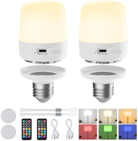 E26 Rechargeable Light Bulbs with Remote and Timer, Battery Backup Bulb with 12 Colors and Brightness Dimmable, 2300mAh 40W Equivalent LED Light Bulbs for Lamps Sconces Camping, 2 Pack