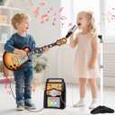 deAO Musical Guitar Play Set,Adjustable Height Microphone,Amplifier Set with Stand,Music Light Karaoke Music Toys Birthday for Kids Boys Girls, Brown 
