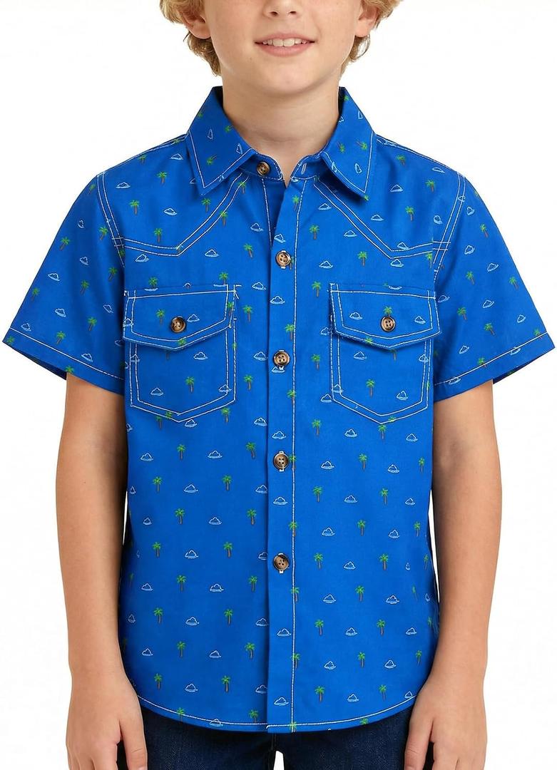 Boys Short Sleeve Button Down Shirt Casual Woven Summer Boys Dress Shirts with Two Pockets for Kids 5-12 Years