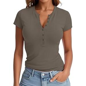 Prettywear Women Short Sleeve Henley Shirts Summer Casual V Neck Fitted Button Up Knit Basic Tops GreyGreen M