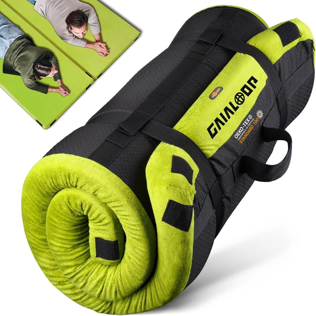 3 Inch GAIALOOP Thick Memory Foam Camping Mattress Sleeping Pad [Car/Tent/Cot] Glamping Portable Floor Mat Roll Up Futon Mattress for Guests Sleepover (2PCS TWIN:75*38*3", Avocado Green)