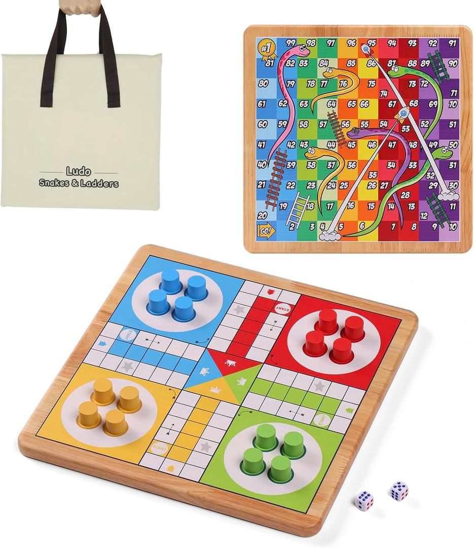 12 Inch Ludo & Snakes & Ladders 2-in-1 Classic Board Game for Adults & Kids, Includes 1 Board, 2 Dice, 16 Pieces, Rules & Carrying Bag