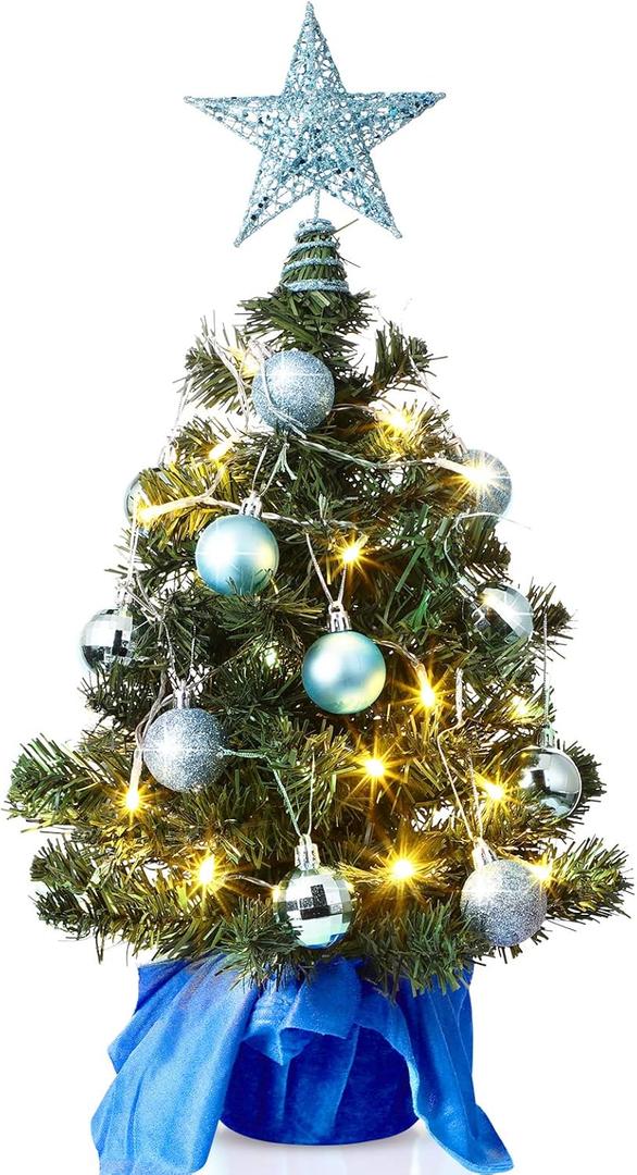 Sumind 24inch/2ft Tabletop Mini Christmas Tree Set with LED Lights, 24 Christmas Ball Ornaments, Pre-lit Small Artificial Green Tree Decoration for Xmas Table Indoor Holiday(Blue)