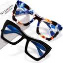 Madison Avenue 2 Pack Oversized Square Blue Light Blocking Glasses for Women, Thick Cateye Computer Eyeglasses Balck/Blue Dot