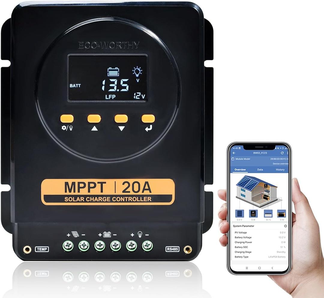 ECO-WORTHY MPPT Solar Charge Controller 12V/24V 20A,Bluetooth & APP Monitoring,LCD Display, Solar Panel Regulator for Gel,SLA,FLD,LFP Battery in Solar System,RV