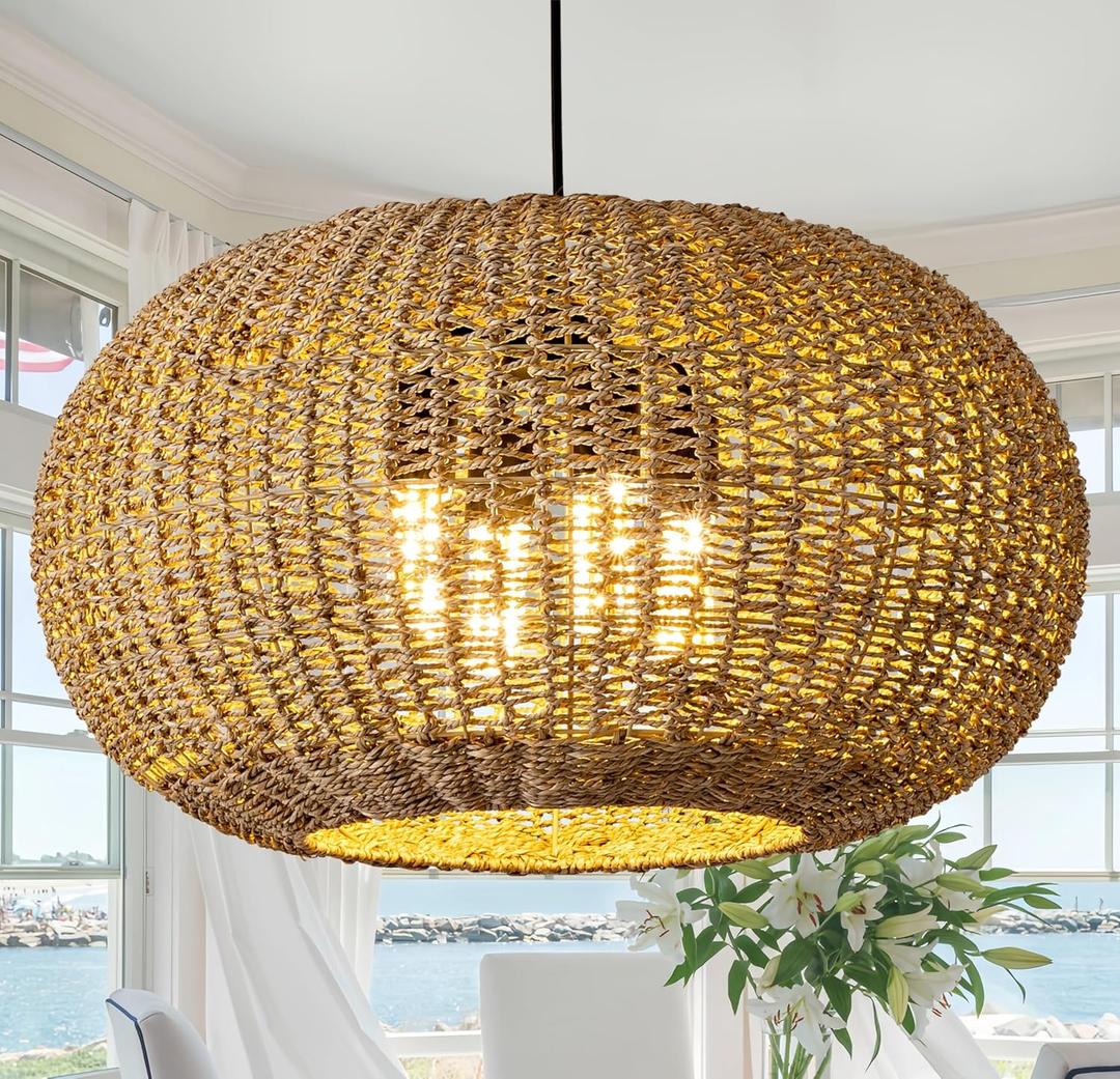 22.83in Large Rattan Chandelier Boho Wicker Hand Woven Pendant Light Farmhouse Ceiling Hanging Lighting Fixture for Living Room Kitchen Island Dining Room Hallway, 4-Lights