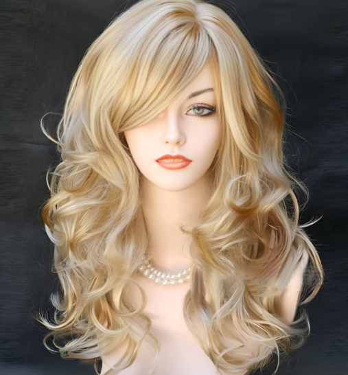 Blonde Layered Wig with Curtain Bangs Long Wavy Highlights Natural Looking, 2ft