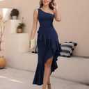 Women's One Shoulder Dress Sleeveless Midi Dresses Asymmetric Ruffle Bodycon Cocktail Party Dress (Medium, Navy)