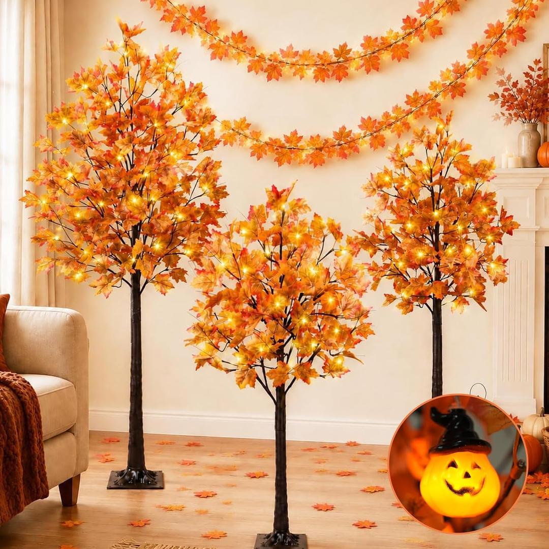 3Pcs Fall Trees Maple Tree with Lights 4Ft/5Ft/6Ft - Remote Control&Timer