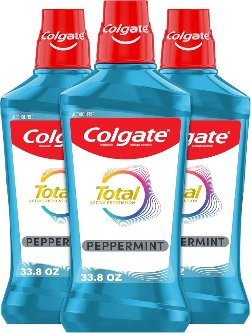 Colgate Total Alcohol Free Mouthwash, Peppermint for Bad Breath, Helps Prevent Gingivitis and Plaque, 3 Pack, 33.8 Oz Each