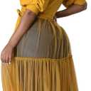Ekaliy Women Sexy Short Sleeve Bodycon High Low Asymmetrical Ruffle Tunics Blouse Shirt Top Dress (Yellow, M)