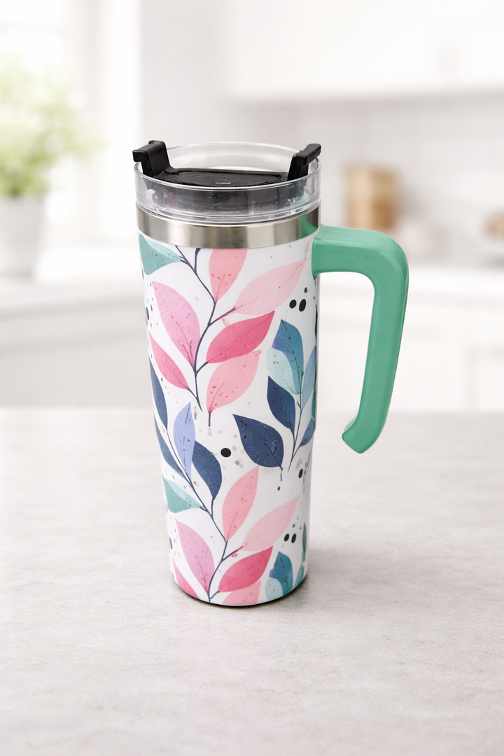  Flowers Tumbler with Handle, Stainless Steel 30 Oz Insulated Coffee Cup with Straw for Women Men Travel