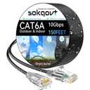 Cat6a Ethernet Cable Slim 150ft Outdoor&Indoor, 28AWG Pure Copper Cat6 Internet Cable for Waterproof & Direct Burial, Flexible Cat6 Ethernet Cable 10G 550MHZ, Cat 6 Network cable for Indoor Black