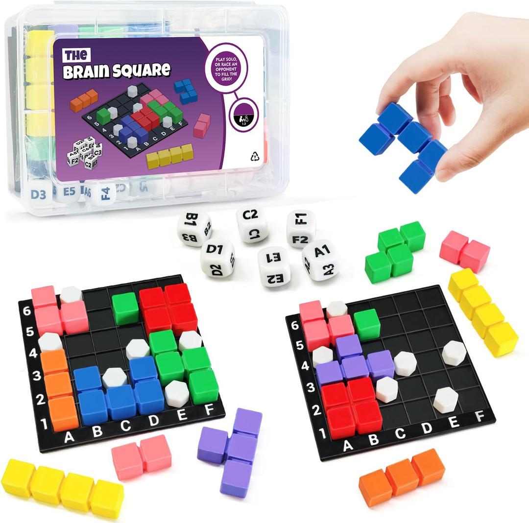 STEM Puzzle Game The Brain Square With 160000+ Solutions Pattern Matching Blocks Brain Teaser Toy Roll Dice & Race Your Opponent to Fill Grid Travel Game for Kids & Teens Back To School Birthday Gift (2_player)