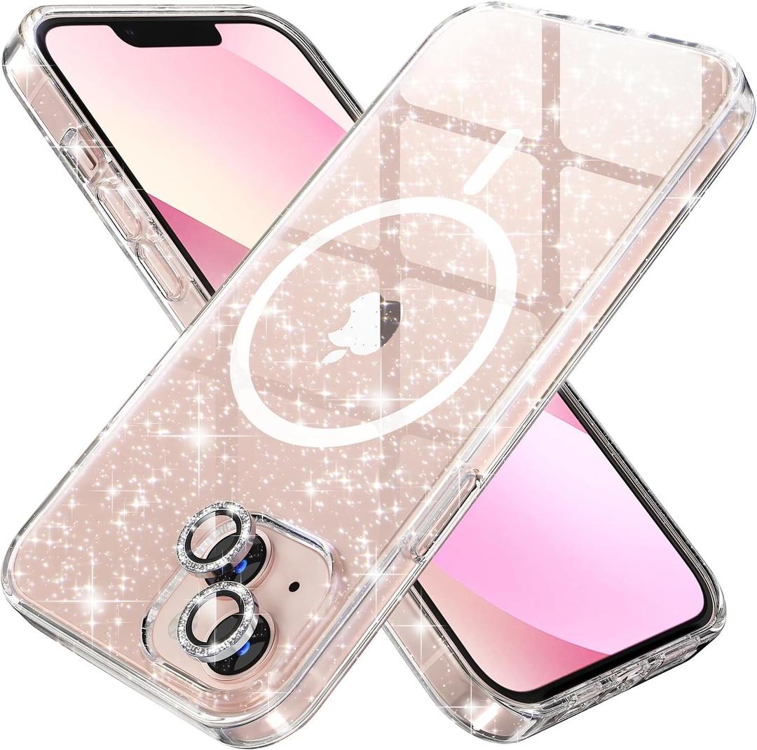 Choiche Magnetic Case for iPhone 13 Case, Women Glitter Sparkly Case, [2 x Diamond Camera Lens Protectors] [Non-Yellowing Shockproof Protective Cover] [Compatible for MagSafe] (Glitter Clear)