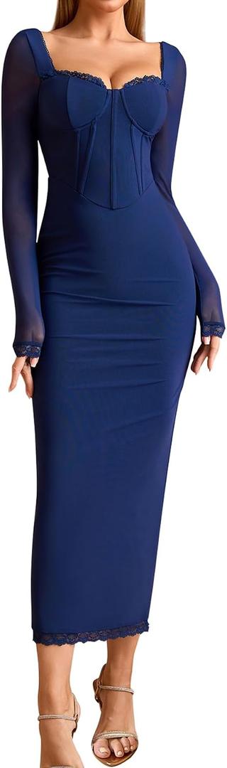 KUTUMAI Corset Lace Long Sleeve Formal Dress Back Slit Bodycon Fall Cocktail Wedding Guest Dresses XL