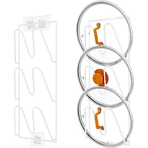2 Pack Pot Lid Organizer Rack, 6-Tier Pot Lids Holder for Cabinet Door/Wall, No Drilling Adhesive Wall/Door Mounted Rustproof Pot and Pan Cover for Kitchen Storage, White