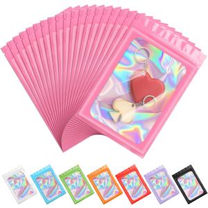 ANZNKU 100 Pieces Smell Proof Mylar Resealable Bags, Holographic Sealable Zip Goodie Bags with Clear Window for Food Storage, Gift Bag for Easter Candy Jewelry Lash Lipgloss (Pink, 6.3 x 9.4 Inch)