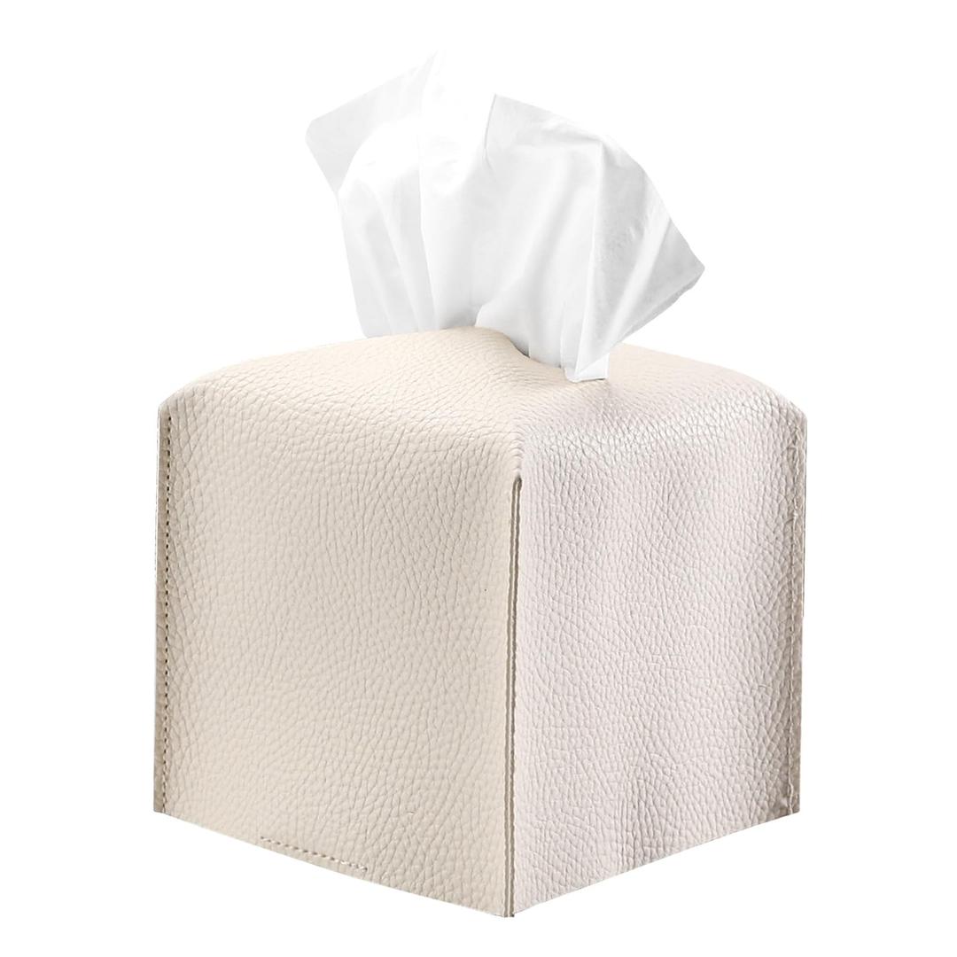 Tissue Box Cover Compatible with Kleenex Tissue - Soft PU Leather Tissue Box Holder Fits Most Tissues for Living Room, Bathroom, Bedroom, Office & Home Decor (4.5''×4.5''×5.2'' Upright Box)