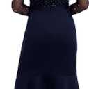 London Times Women's Dresses Midi Dress - Sheer Mesh Long Sleeves Sequin Embellished Yoke - Fitted Skirt with Flounce Hem - Elegant Cocktail Dresses, Navy, 14