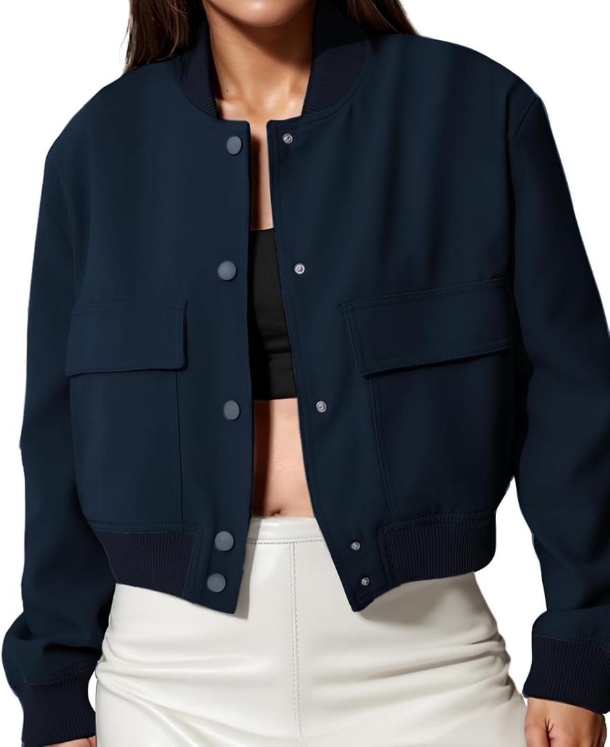 womens Cropped Bomber Jacket Button Down Varsity Jackets Shackets With Pockets (Small, Navy Blue)
