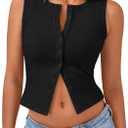 Trendy Queen Womens Going Out Tank Top Ribbed Button Down Sleeveless Vest Crop Spring Beach Vacation Summer Tops Black M