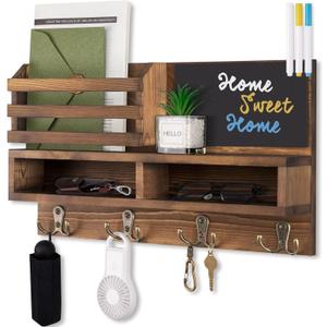 Key Holder for Wall, Wall Mounted Mail Holder Wooden with Shelf & 3 Liquid Chalks & Chalkboard, Mail Sorter Organizer, Rustic Home Decor (15.98W x 9.1H x 3.3D), Burnt Brown