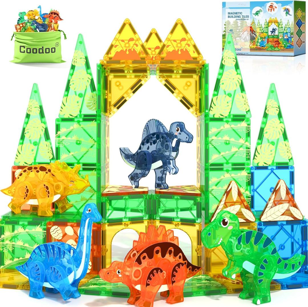Coodoo Dinosaur Toys Magnetic Tiles 3D Movable Dinos for Kids 3-5 5-7 Toddler Outdoor Sensory Toys, STEM Educational Magnetic Blocks for 3+ Years Old Boys Girls Kids Toy