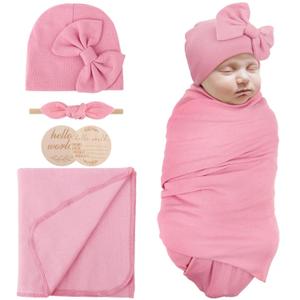Newborn Receiving Blanket with Bow Hat Headband Wooden Card Set Newborns Toddler Baby Boy Girl Nursery Swaddle Wrap