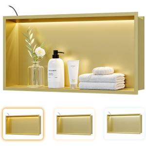 24"x12" Gold LED Shower Niche,3 CCT Dimmable Light, No Tile Needed, 24X12In