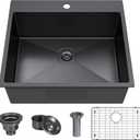 25 x 22 Inch Black Drop In Kitchen Bar Sink, Small Kitchen Sink Single Bowl Topmount Bar Prep Sink 18 Gauge Stainless Steel Bar Sink with Grid and Basket Strainer
