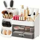 Bathroom Countertop Makeup Organizer with Brush Holder, Large Cosmetic make up storage organizers with 2 Drawers for Vanity Counter top, Makeup Caddy for skincare, lipsticks, hairbrush
