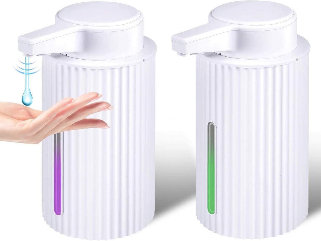 2 Pack 13.5 oz Automatic Soap Dispenser  Ribbed Design Automatic Liquid Soap Dispenser for Bathroom & Kitchen Countertop, Rechargeable Touchless with Electric Induction Pump (White)