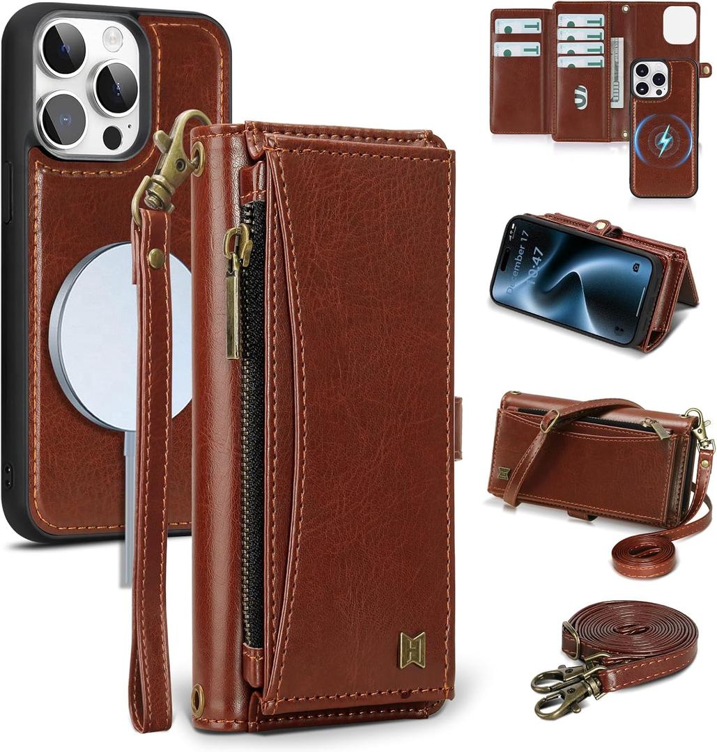 Wallet Case for iPhone 15 Pro Max with Card Holder/Crossbody Wallet/Strap| RFID Blocking | Magnetic | Kickstand | Detachable | PU Leather Phone Case for iPhone 15 Pro Max,6.7 in,Brown