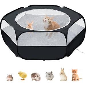 XIRGS Small Animal Playpen, Pet Playpen for Cat/Rabbit/Hamster/Guinea Pig/Bunny/Ferret/Kitten Toys Chick Brooder Box Cage Tent Pop Up Play Pen with Cover, Portable Play Yard Indoor Outdoor Waterproof (Black)